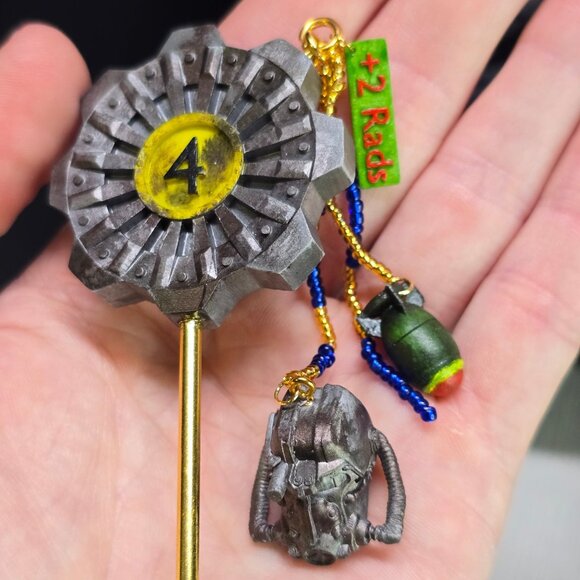 Handmade Fallout Vault Inspired Hair Stick Helmet, Mini Nuke, and +2 Rad Charms - Picture 12 of 14